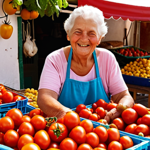Home 23 **Image Prompt:** A vibrant farmer's market scene in a sunny Mediterranean village. An elderly woman with a warm smile sells ripe, locally grown tomatoes from her stall. Shoppers are chatting and selecting fresh produce. Focus on the natural colors and textures of the food. Emphasis on a sense of community and fresh, unprocessed ingredients.
