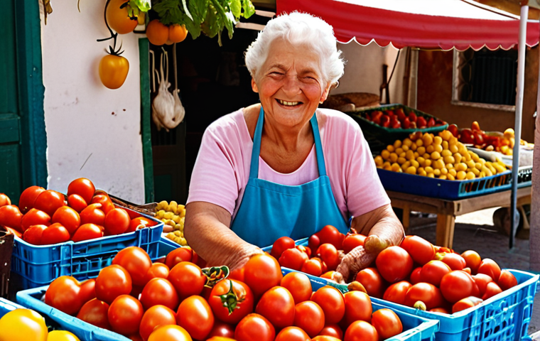 **Image Prompt:** A vibrant farmer's market scene in a sunny Mediterranean village. An elderly woman with a warm smile sells ripe, locally grown tomatoes from her stall. Shoppers are chatting and selecting fresh produce. Focus on the natural colors and textures of the food. Emphasis on a sense of community and fresh, unprocessed ingredients.