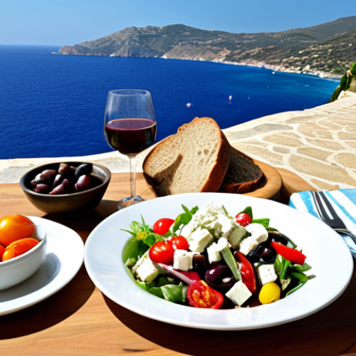 Home 22 **Image Prompt:** A vibrant, sun-drenched Mediterranean table setting. Focus on a colorful salad overflowing with fresh vegetables, feta cheese, and olives, drizzled with olive oil. Background includes whole grain bread, a glass of red wine, and a glimpse of the Mediterranean Sea. The overall feeling is one of abundance, health, and joyful eating.