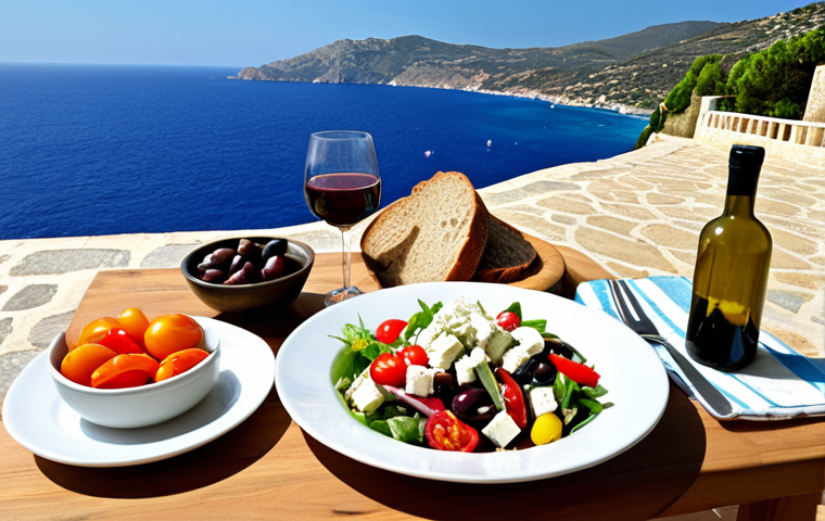 **Image Prompt:** A vibrant, sun-drenched Mediterranean table setting. Focus on a colorful salad overflowing with fresh vegetables, feta cheese, and olives, drizzled with olive oil. Background includes whole grain bread, a glass of red wine, and a glimpse of the Mediterranean Sea. The overall feeling is one of abundance, health, and joyful eating.