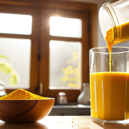 Home 21 **
Close-up shot of vibrant turmeric powder being sprinkled into a frothy golden smoothie, with a pinch of black pepper visible. Morning sunlight streaming through a kitchen window in the background. Emphasis on warm, inviting colors and healthy ingredients. Style: Natural, bright, and appetizing food photography.
**