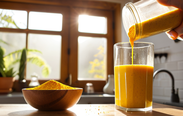 **
Close-up shot of vibrant turmeric powder being sprinkled into a frothy golden smoothie, with a pinch of black pepper visible. Morning sunlight streaming through a kitchen window in the background. Emphasis on warm, inviting colors and healthy ingredients. Style: Natural, bright, and appetizing food photography.
**