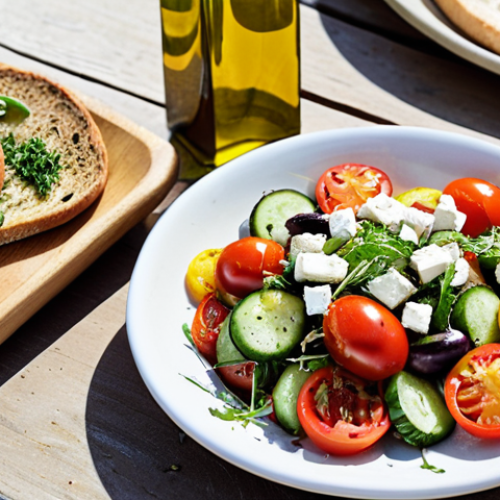 Home 20 **Mediterranean Feast:** A sun-drenched table overflowing with vibrant Mediterranean dishes. Focus on a bottle of cold-pressed, extra virgin olive oil drizzled over a colorful salad with tomatoes, cucumbers, and feta cheese. Grilled vegetables and crusty bread complete the scene. Capture the warmth and abundance of a Tuscan family farm.