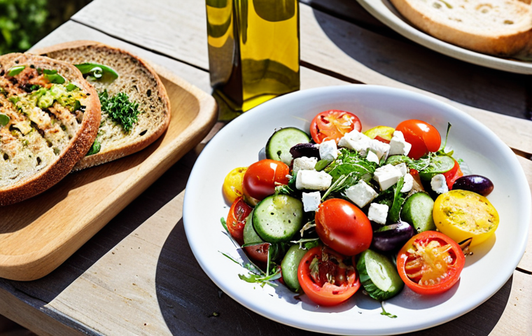 **Mediterranean Feast:** A sun-drenched table overflowing with vibrant Mediterranean dishes. Focus on a bottle of cold-pressed, extra virgin olive oil drizzled over a colorful salad with tomatoes, cucumbers, and feta cheese. Grilled vegetables and crusty bread complete the scene. Capture the warmth and abundance of a Tuscan family farm.