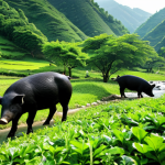 A professional depiction of a serene Jangsu mountain landscape, highlighting sustainable farming. Several healthy Jangsu Black Pigs are seen freely foraging among lush green mountain herbs, acorns, and chestnuts near a clear, pristine stream. In the background, a local farmer, fully clothed in modest, traditional attire, tends to the land. The scene is bathed in soft, natural daylight, emphasizing the vibrant greenery and the clean, crisp air. The image conveys the natural environment and traditional, respectful animal husbandry. safe for work, appropriate content, fully clothed, family-friendly, professional photography, high quality, perfect anatomy, correct proportions, natural pose.