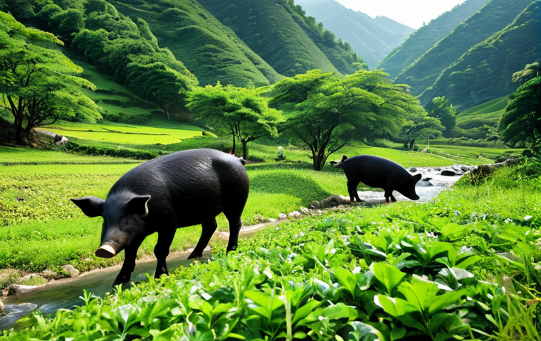 A professional depiction of a serene Jangsu mountain landscape, highlighting sustainable farming. Several healthy Jangsu Black Pigs are seen freely foraging among lush green mountain herbs, acorns, and chestnuts near a clear, pristine stream. In the background, a local farmer, fully clothed in modest, traditional attire, tends to the land. The scene is bathed in soft, natural daylight, emphasizing the vibrant greenery and the clean, crisp air. The image conveys the natural environment and traditional, respectful animal husbandry. safe for work, appropriate content, fully clothed, family-friendly, professional photography, high quality, perfect anatomy, correct proportions, natural pose.