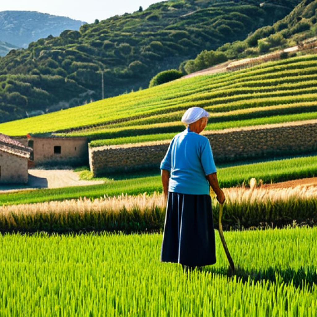 Sardinian Farm Scene**

"A picturesque Sardinian farm with terraced fields of farro and barley, a fully clothed elderly farmer tending the crops, modest clothing, traditional stone buildings in the background, warm sunlight, safe for work, appropriate content, perfect anatomy, natural proportions, professional photography, high quality, family-friendly."

**