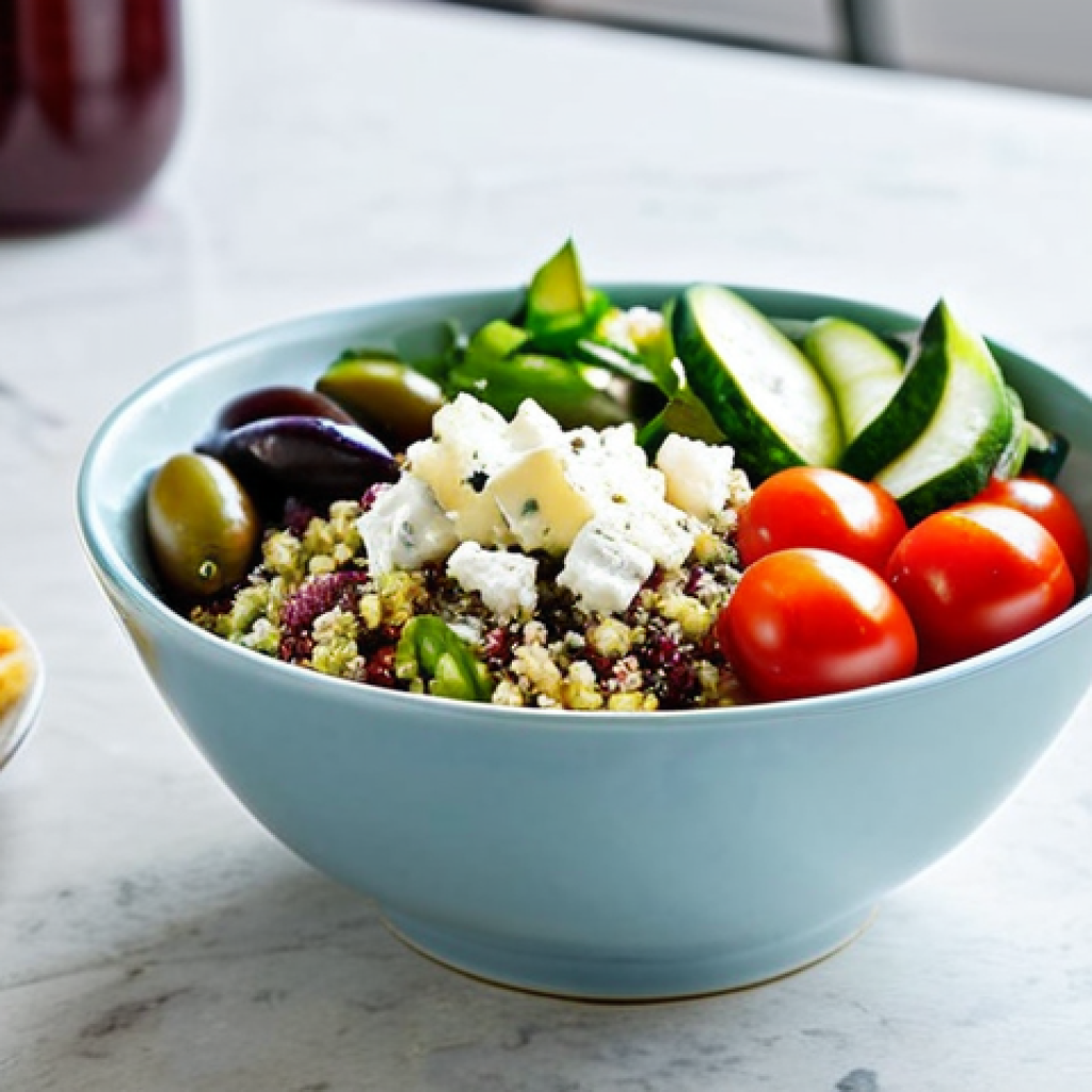 장수 지역의 불포화 지방 섭취 방법 - Mediterranean Lunch Bowl**

"A vibrant and colorful Mediterranean quinoa bowl featuring quinoa, chop...