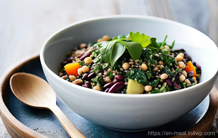 장수 지역의 건강한 단백질 공급원 - **"Earth's Abundant Harvest: A Vibrant Plant-Powered Meal"**
    A visually rich, high-definition ph...