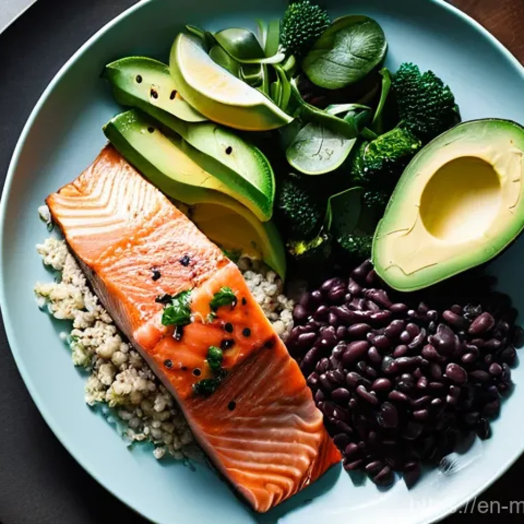 장수 지역의 저지방 고단백 식단 예시 - **Prompt:** A vibrant, artfully arranged "Longevity Plate" meal, photographed in bright, natural day...