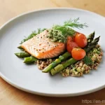 Home 9 장수 지역 주민의 식사 만족도 조사 - **Prompt:** A close-up, high-angle shot of a beautifully plated, gourmet-style meal on a crisp white...