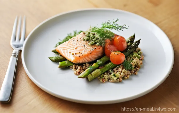 장수 지역 주민의 식사 만족도 조사 - **Prompt:** A close-up, high-angle shot of a beautifully plated, gourmet-style meal on a crisp white...