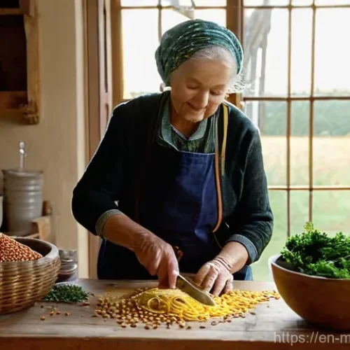 Home 20 장수 지역에서의 전통 요리 교실 - **Prompt:** A warm and inviting scene inside a traditional, rustic kitchen. An elderly woman, with a...