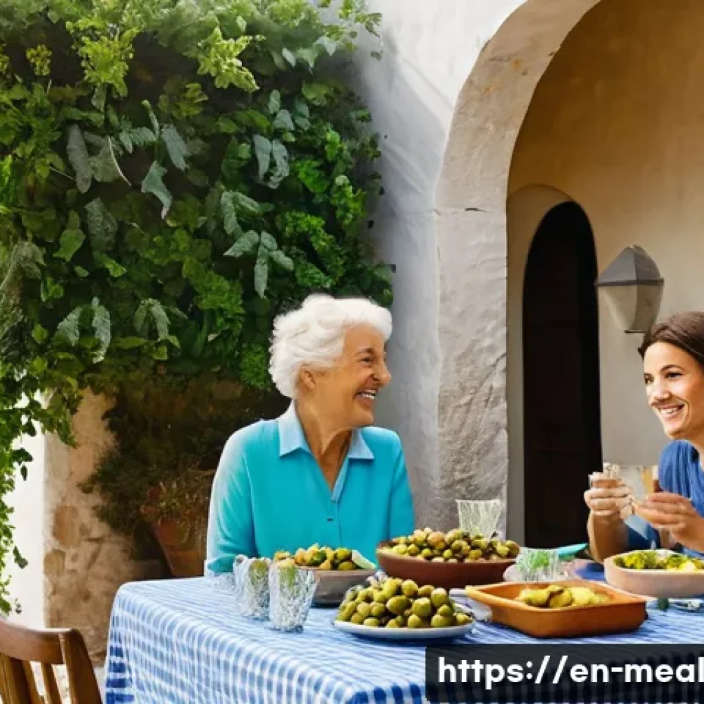 장수 지역의 고령자 식단 맞춤 전략 - **A Vibrant Blue Zone Community Meal:**
A cheerful, multi-generational family, including grandpa...