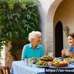 Home 13 장수 지역의 고령자 식단 맞춤 전략 - **A Vibrant Blue Zone Community Meal:**
A cheerful, multi-generational family, including grandpa...