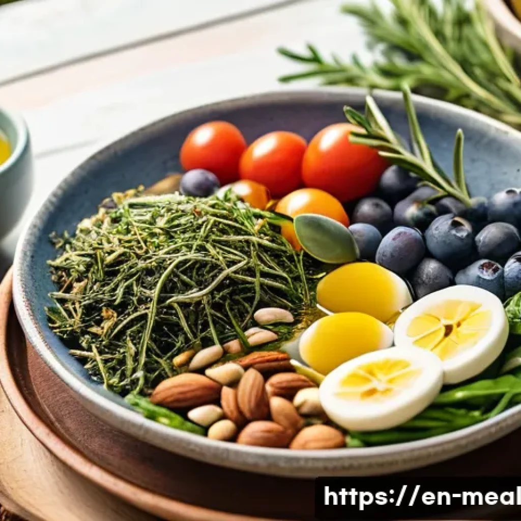 장수 지역 식단의 영양학적 가치 - A vibrant Mediterranean-style dining scene featuring a rustic wooden table set outdoors under soft s...