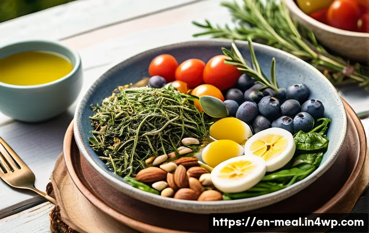 장수 지역 식단의 영양학적 가치 - A vibrant Mediterranean-style dining scene featuring a rustic wooden table set outdoors under soft s...