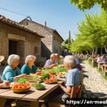 장수 지역의 식사패턴과 사회적 상호작용 - A vibrant outdoor communal dining scene in a small village, featuring diverse adults and elderly peo...