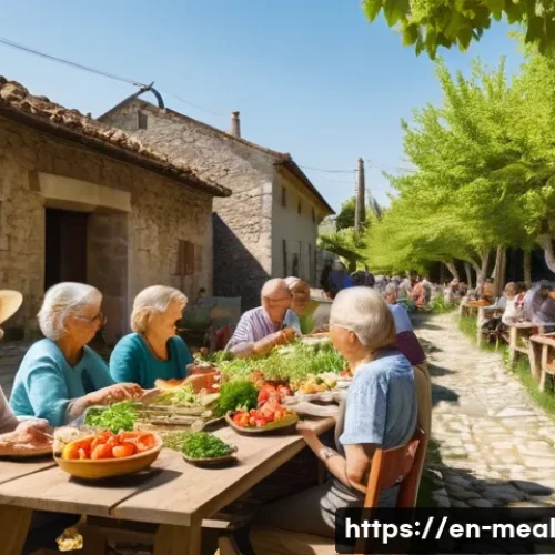 장수 지역의 식사패턴과 사회적 상호작용 - A vibrant outdoor communal dining scene in a small village, featuring diverse adults and elderly peo...