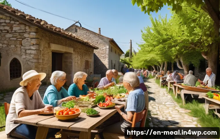 장수 지역의 식사패턴과 사회적 상호작용 - A vibrant outdoor communal dining scene in a small village, featuring diverse adults and elderly peo...