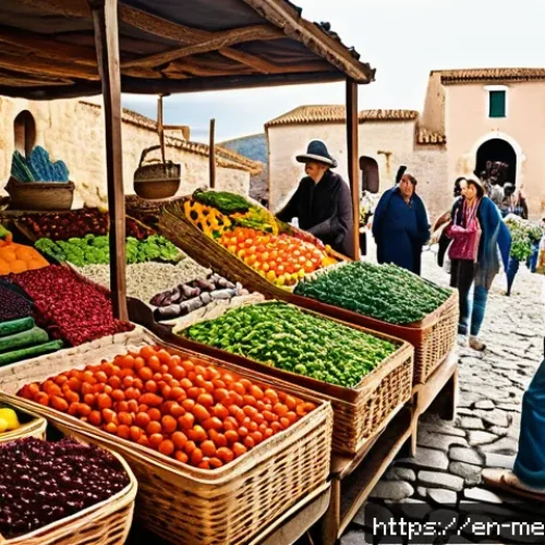 장수 지역의 식품 조달 및 유통 경로 - A vibrant local market scene in a Mediterranean village resembling Sardinia, featuring friendly farm...