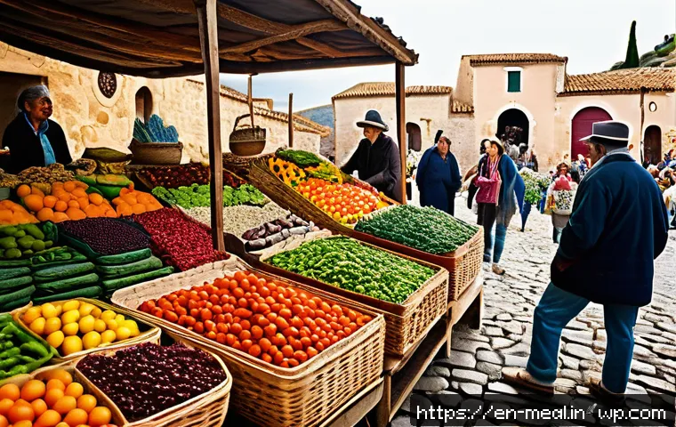 장수 지역의 식품 조달 및 유통 경로 - A vibrant local market scene in a Mediterranean village resembling Sardinia, featuring friendly farm...