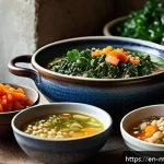 장수 지역의 수확철 식단 소개 - A rustic kitchen scene featuring a wooden table with a colorful spread of longevity staples: steamin...