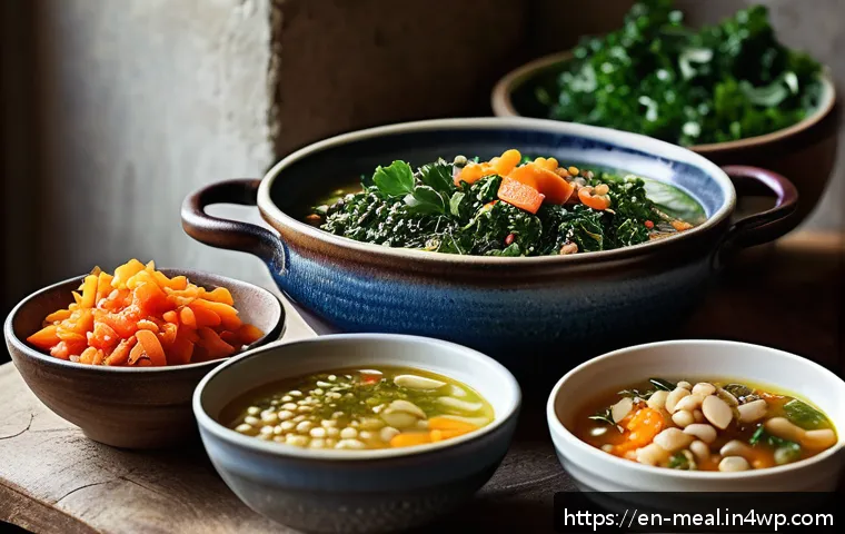 장수 지역의 수확철 식단 소개 - A rustic kitchen scene featuring a wooden table with a colorful spread of longevity staples: steamin...