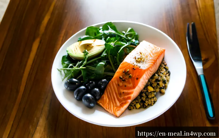 장수 지역의 고혈압 예방을 위한 식단 - Photorealistic overhead view of a heart-healthy Mediterranean-inspired meal for hypertension prevent...