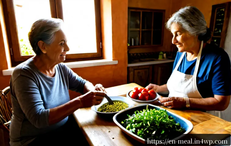 장수 지역 주민의 식생활 특성 - Photorealistic Mediterranean longevity-region kitchen table, active older couple in casual modest cl...