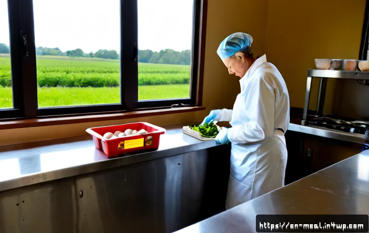 Home 30 장수 지역의 식품 안전 기준 - Photorealistic farm-to-table food safety inspection in a clean rural American community kitchen, a m...