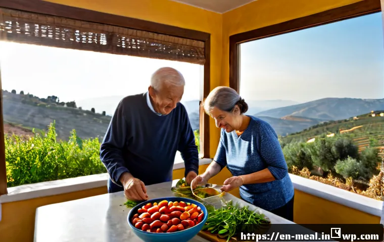 Home 17 장수 지역의 식단과 기후 변화의 영향 - Photorealistic Mediterranean longevity-region kitchen table at sunrise, an older couple preparing a ...