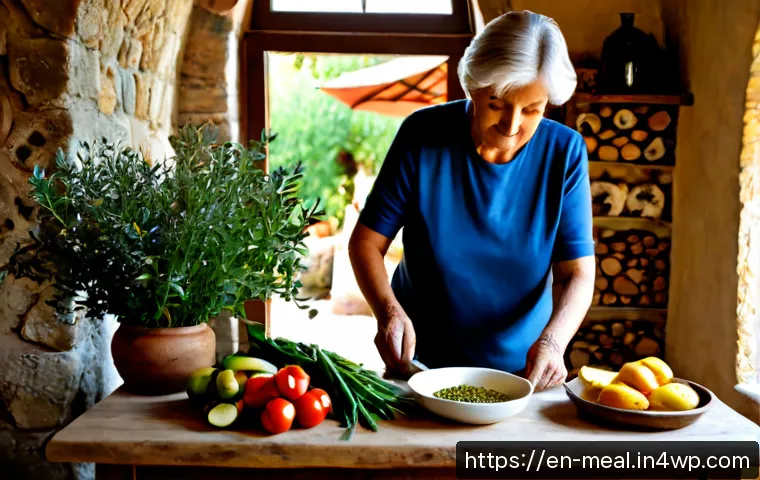 장수 지역의 음식 문화와 지속 가능성 - Photorealistic Mediterranean longevity village kitchen, an active silver-haired grandmother and gran...